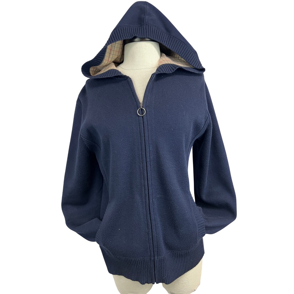 Pendleton Zip Hoodie Women Small Navy Excellent Plaid Elbow Patches Cotton Knit